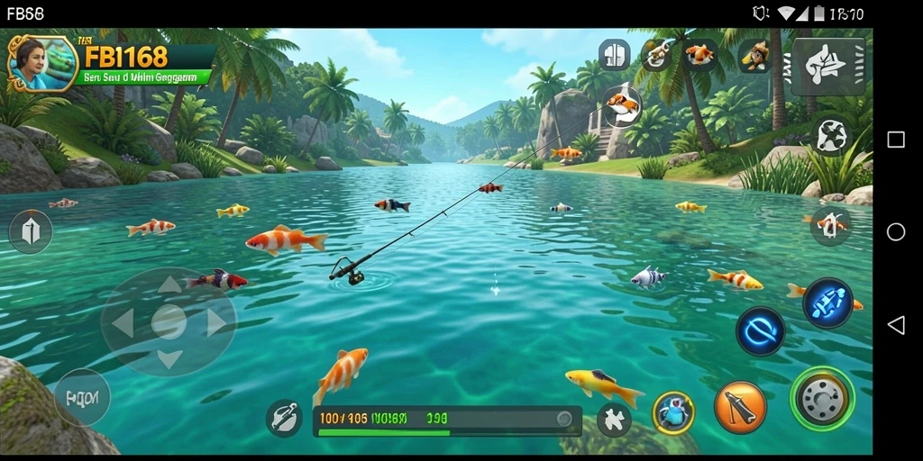 Screenshot FB168 menunjukkan aksi seru dalam gameplay memancing.