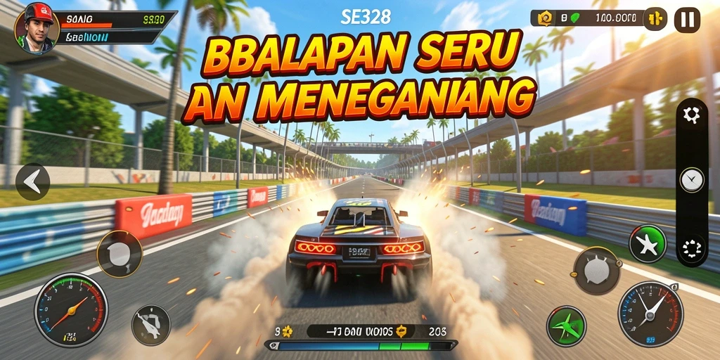 Tampilan balapan mendebarkan di SE328 dengan mobil yang melaju kencang.